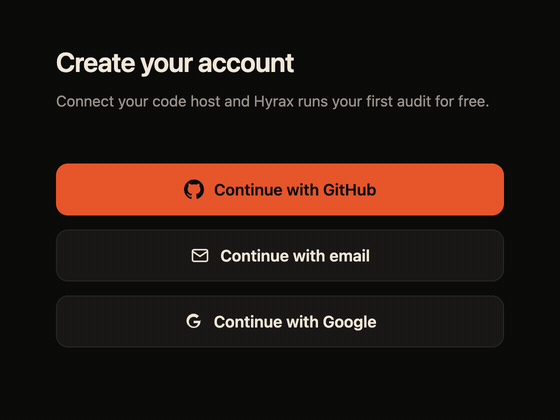 Create your account with GitHub, email, or Google. Email signs you in with a one-time code.